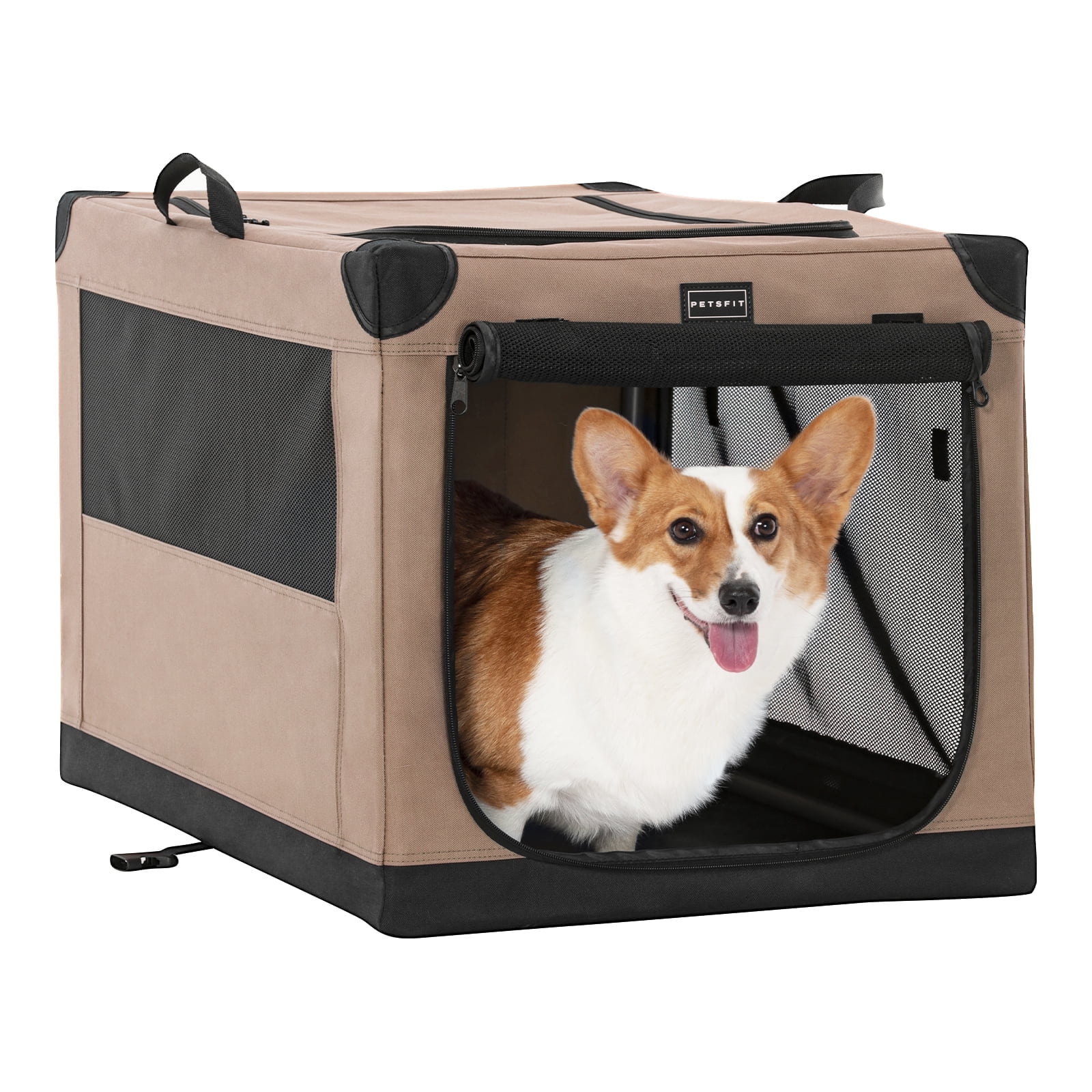 Petsfit 30inch Soft Pet Crate 30 L x 20 W x 19 H Dog Travel Kennel with Adjustable Fabric Cover by Spiral Iron Pipe 3 Door Brown