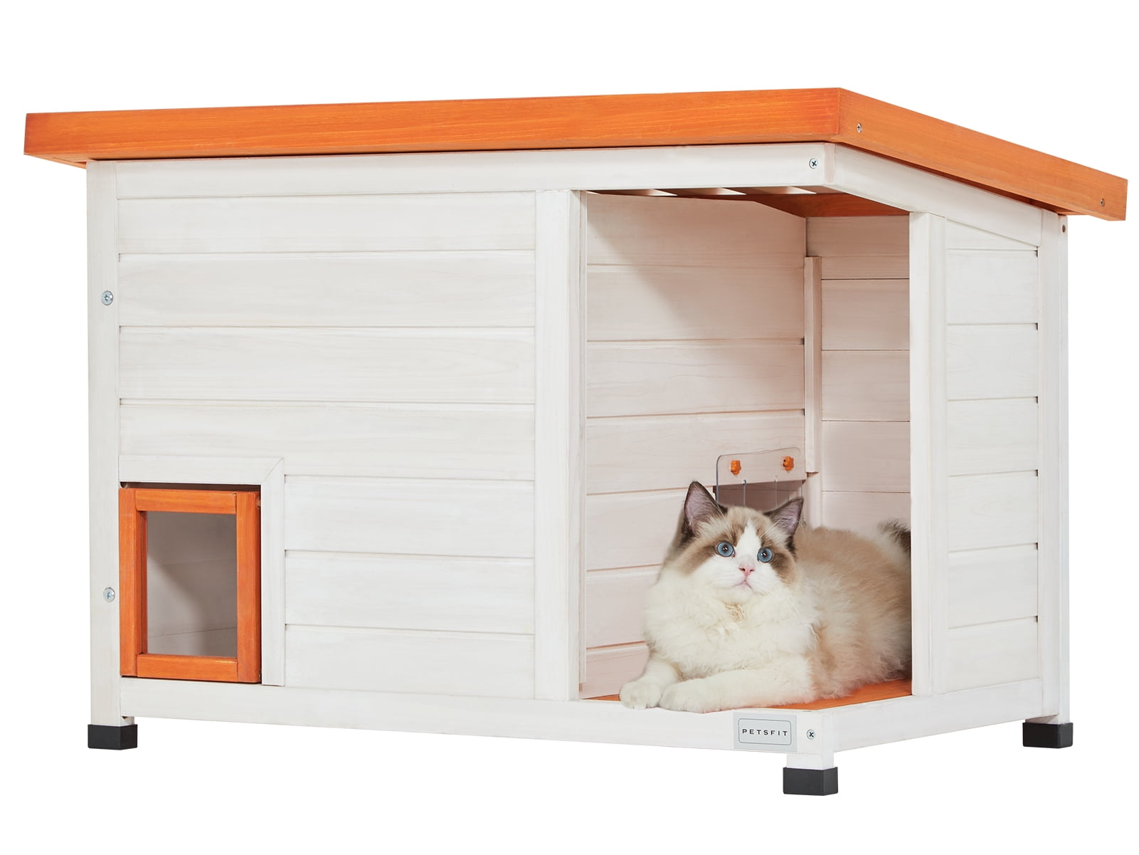 White and Orange Wooden Outdoor Cat House with PVC Roof