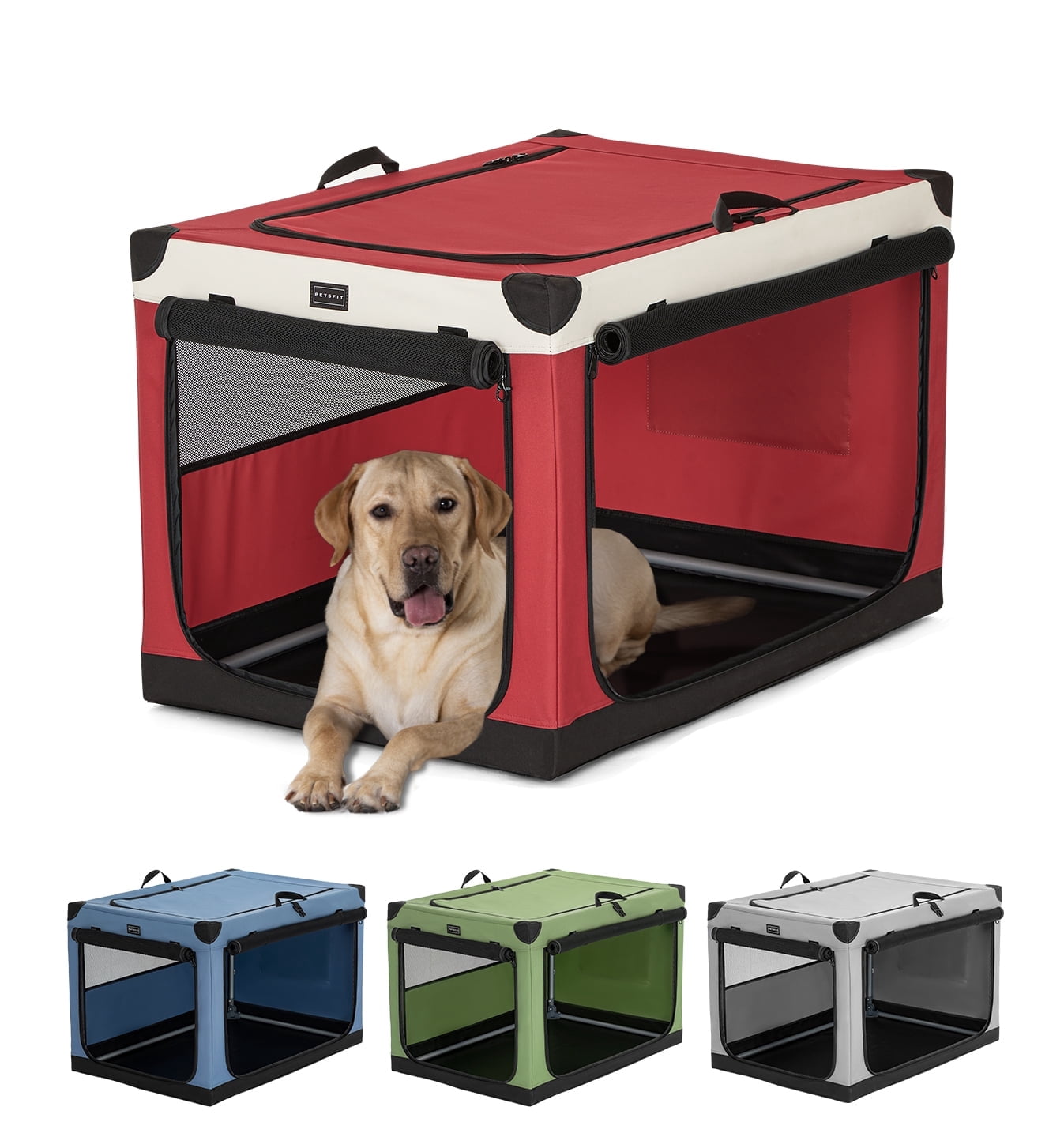 Petsfit 36 Inch Dog Crate, Adjustable Fabric Cover by Spiral Iron Pipe, Chew Proof 3 Door Design, Soft Collapsible Dog Kennel,Red