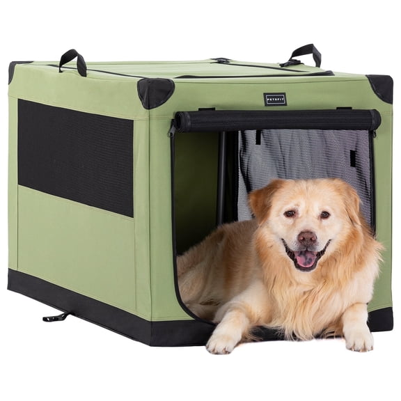 PETSFIT Soft Dog Crate, Dog Travel Crate - 36 Inch Lightweight, Easy Setup, sturdy Portable Dog Crate, Adjustable Framework with 3 Mesh Door, Soft Sided Collapsible Dog Kennel Green