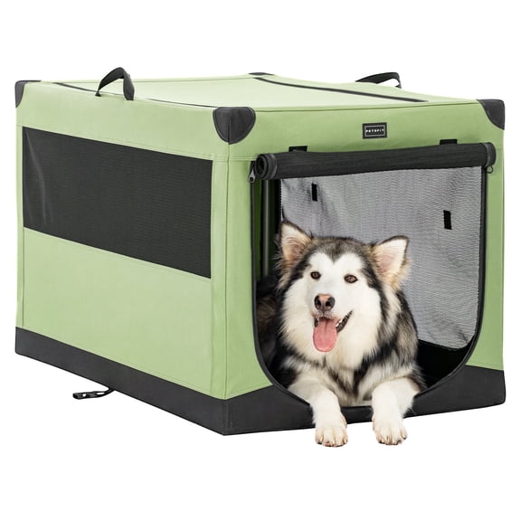 Petsfit 39.5 Inch Collapsible Dog Crate, Adjustable Fabric Cover by Spiral Iron Pipe, Chew Proof 3 Door Design, Soft Sided Dog Kennel Green