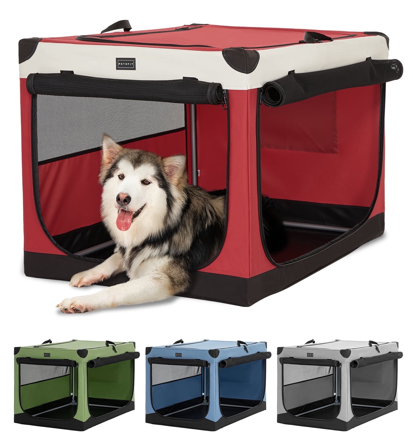 Petsfit 39.5 Inch Dog Kennel, Adjustable Fabric Cover by Spiral Iron Pipe, Chew Proof 3 Door Design, Soft Portable Dog Crate,Red