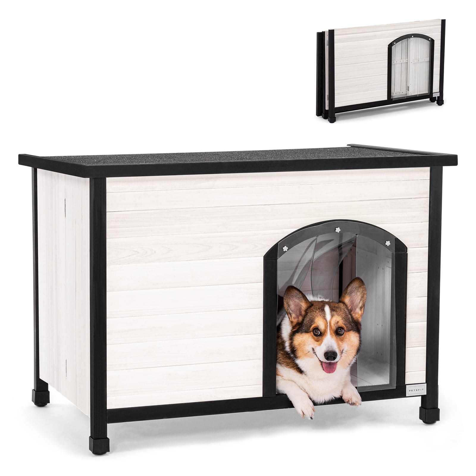 Petsfit 40.2" Dog house Outdoor, Unfold to Use, Folding Dog House Outdoor, No Tools Required Assembly, Outside Dog House with Durable Asphalt Roof (Medium, White)