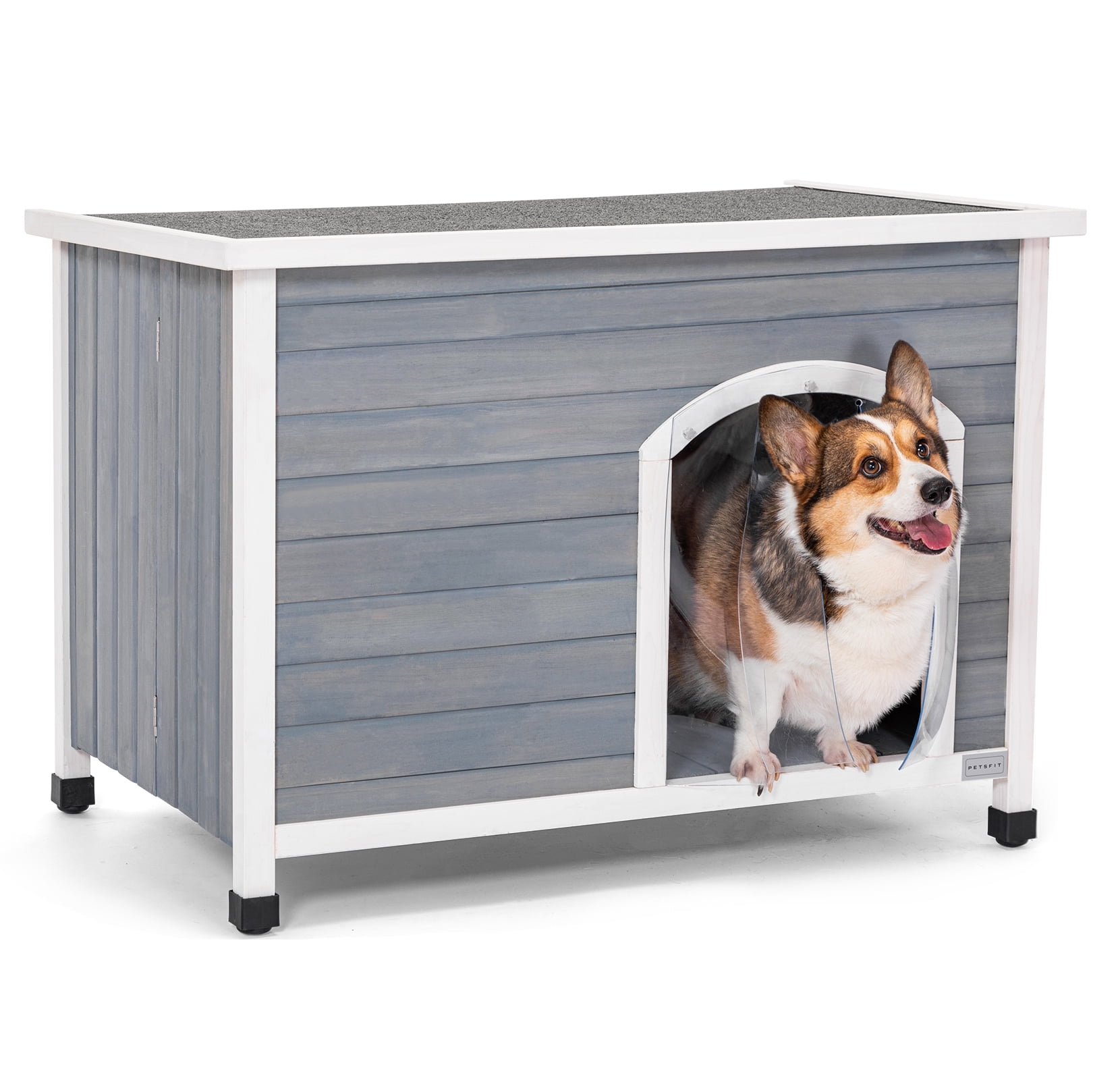 Medium Grey Wooden Outdoor Dog House with Door Flap
