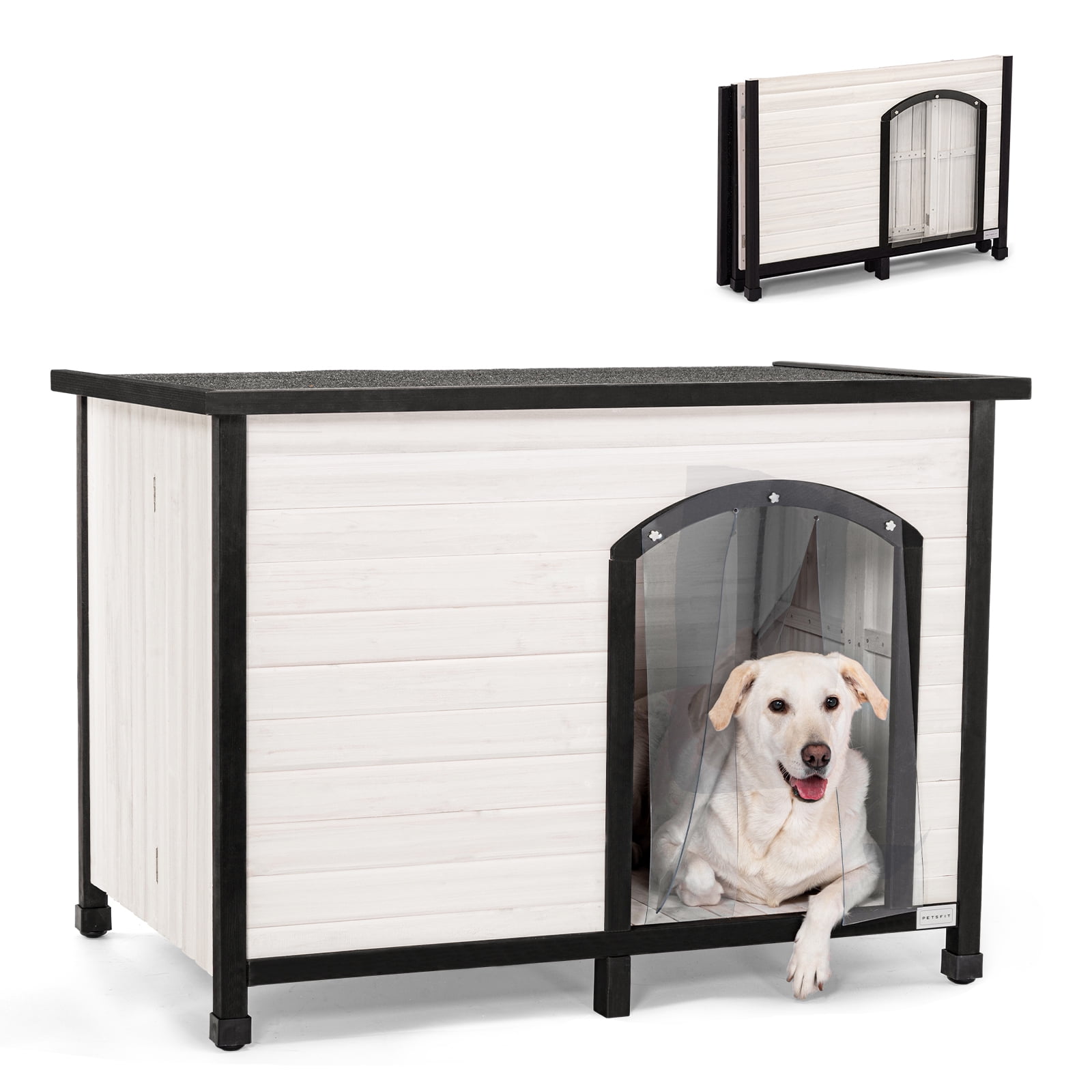 Large White and Black Wooden Outdoor Dog House with Door Flap