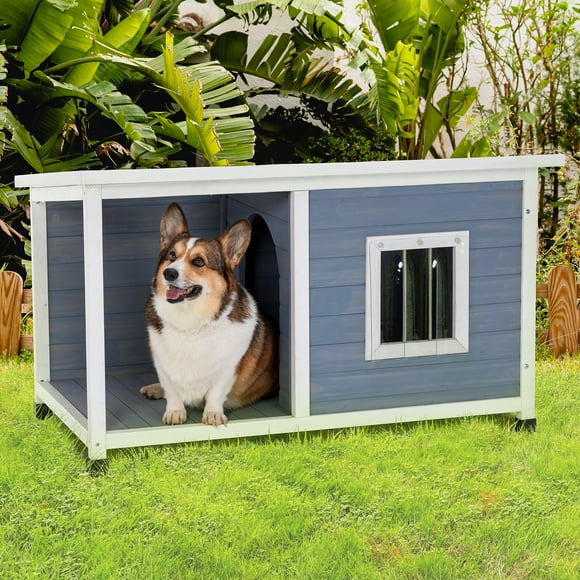 Petsfit 45.5” Dog House Outdoor, Dog House with Porch and Window, Outdoor Dog House Weatherproof for Medium Small Dogs, Durable and Comfortable, Light Grey