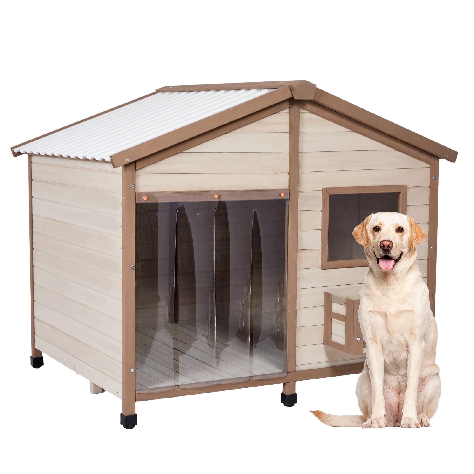 Petsfit 47" Dog House Outdoor with Waterproof PVC Roof, Extra Large Dog House for 2 Medium Dogs, Dog House Outdoor Large Breed, XXL Dog Houses with Window, Beige