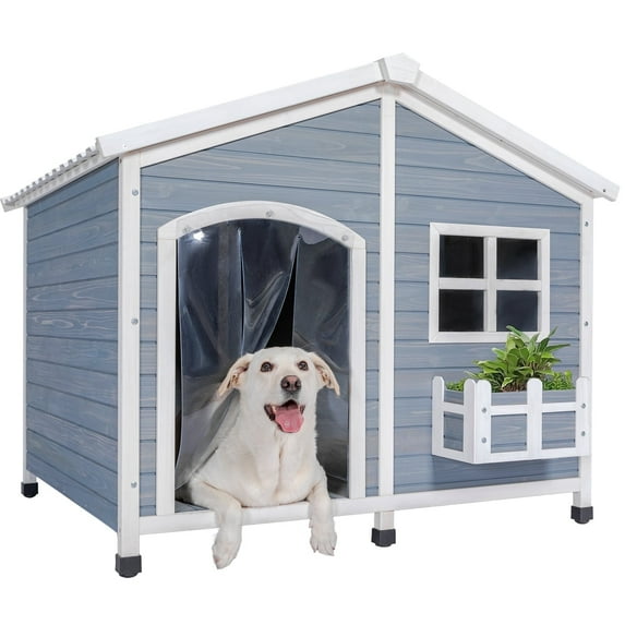 Petsfit 47" Dog House Outdoor with Waterproof PVC Roof, Extra Large Dog House for 2 Medium Dogs, Dog House Outdoor Large Breed, XXL Dog Houses with Window, Gray