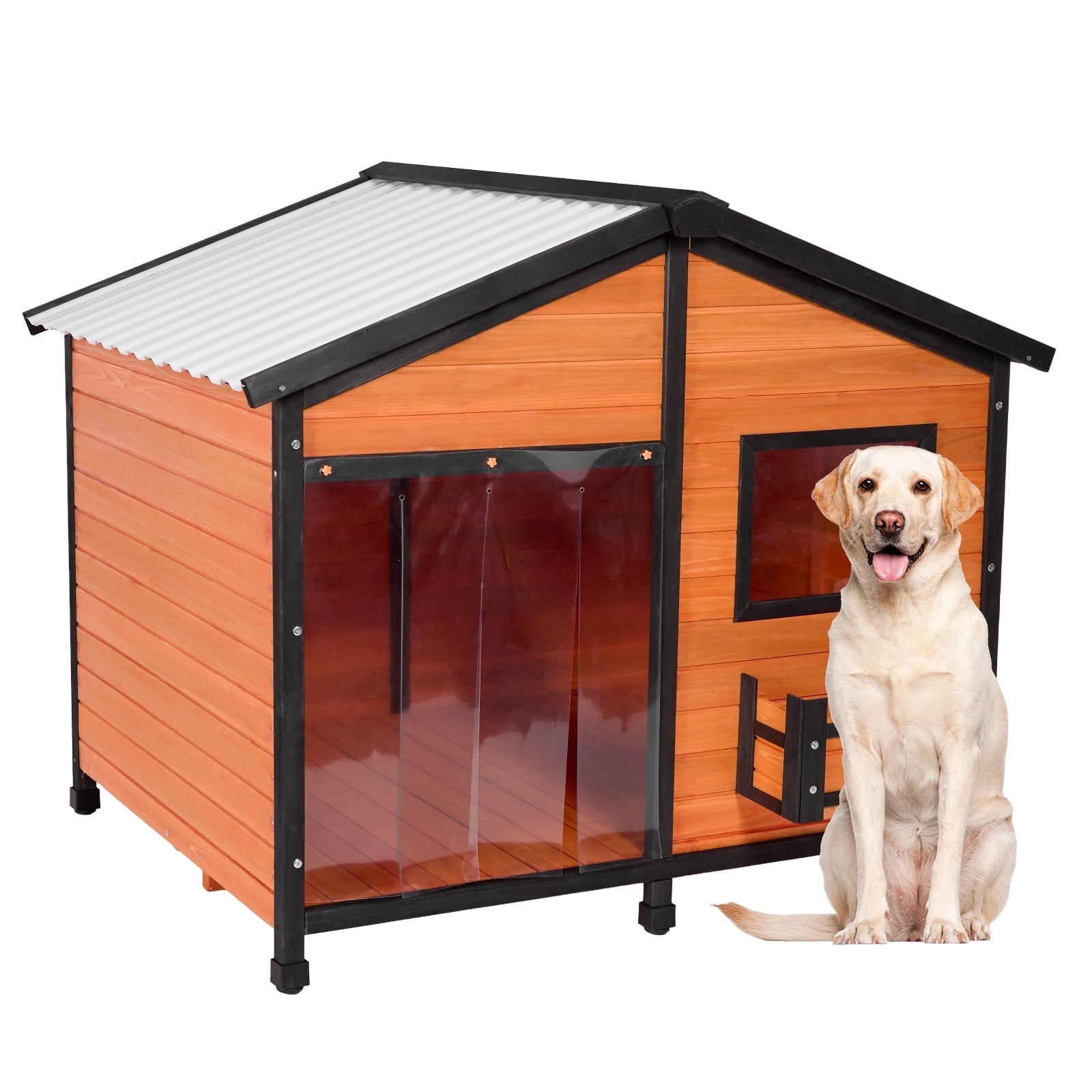 Petsfit Outdoor Dog House with Waterproof PVC Roof Removable Floor, Extra Large Wooden Dog House for 2 Medium Dogs, XXL Dog Houses with Window, Orange 47"