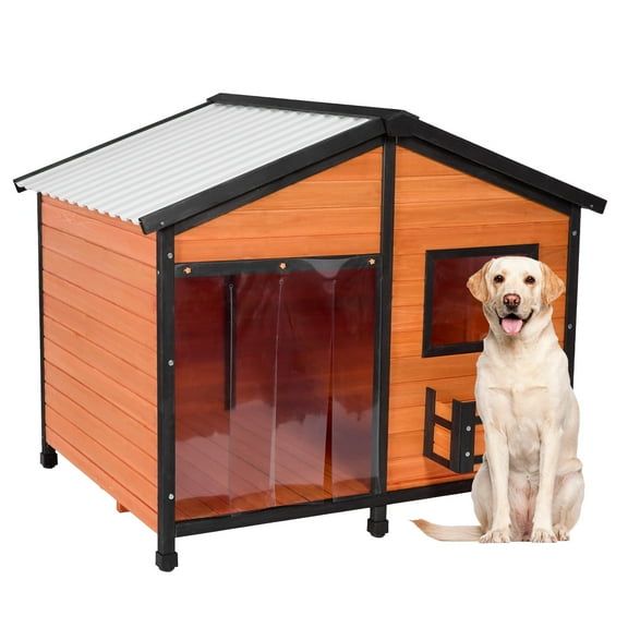 Petsfit 47" Dog House Outdoor with Waterproof PVC Roof, Extra Large Dog House for 2 Medium Dogs, Dog House Outdoor Large Breed, XXL Dog Houses with Window, Yellow