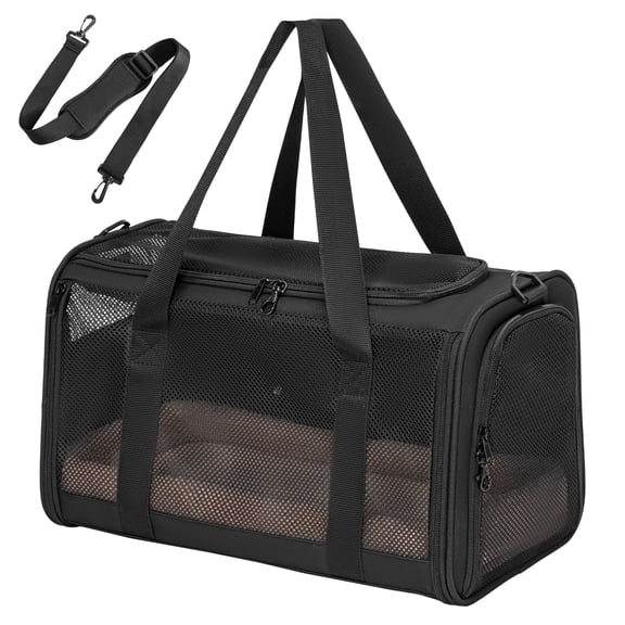 Petsfit Cat Carrier , Lightweight Collapsible Cat Carrier for Travel, 4-Sided Breathable Mesh, Locking Zipper and Washable Fleece Pad Black