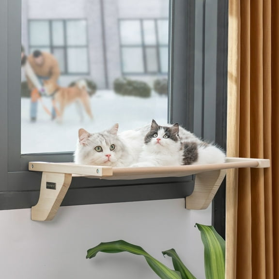 PETSFIT Cat Window Perch, Hammock Window Seat with Solid Wood Support, Metal Frame & 2 Removable Pads, Easy to Adjust & Assemble Cat Bed for Windowsill, Bedside and Drawe