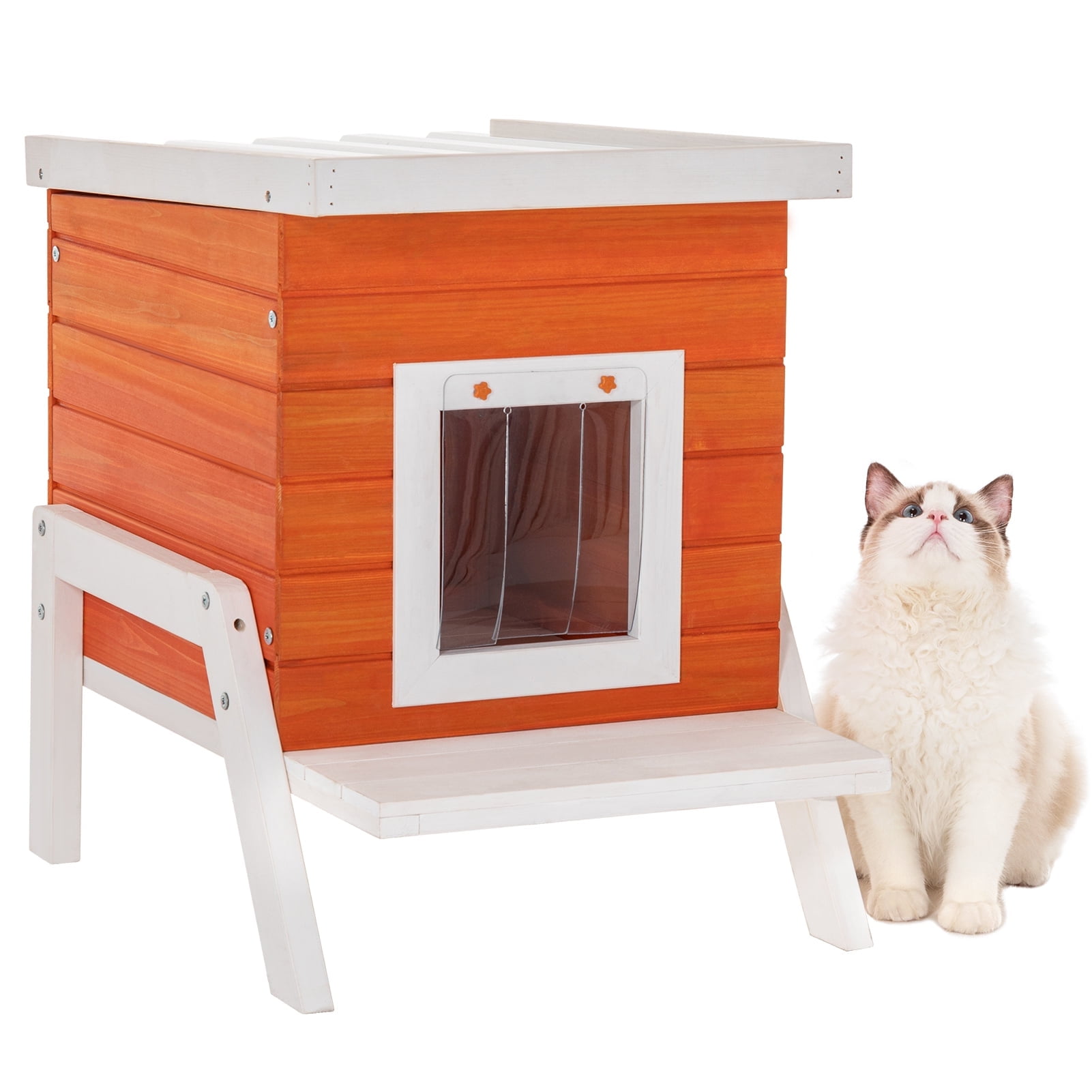 Petsfit Outdoor Cat House with Feeding Station, Door Curtain