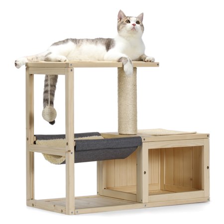 Petsfit Cat Tree for Large Cat Sisal Scratching Post and Cat Hammock Wooden Cat Condo with Teasing Rope and Sisal Toys