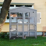 Petsfit Catio Outdoor Cat Enclosure , Outdoor Cat House with Large Front Door + Two Enter Door,59"L x 35"W x 71"H,Grey