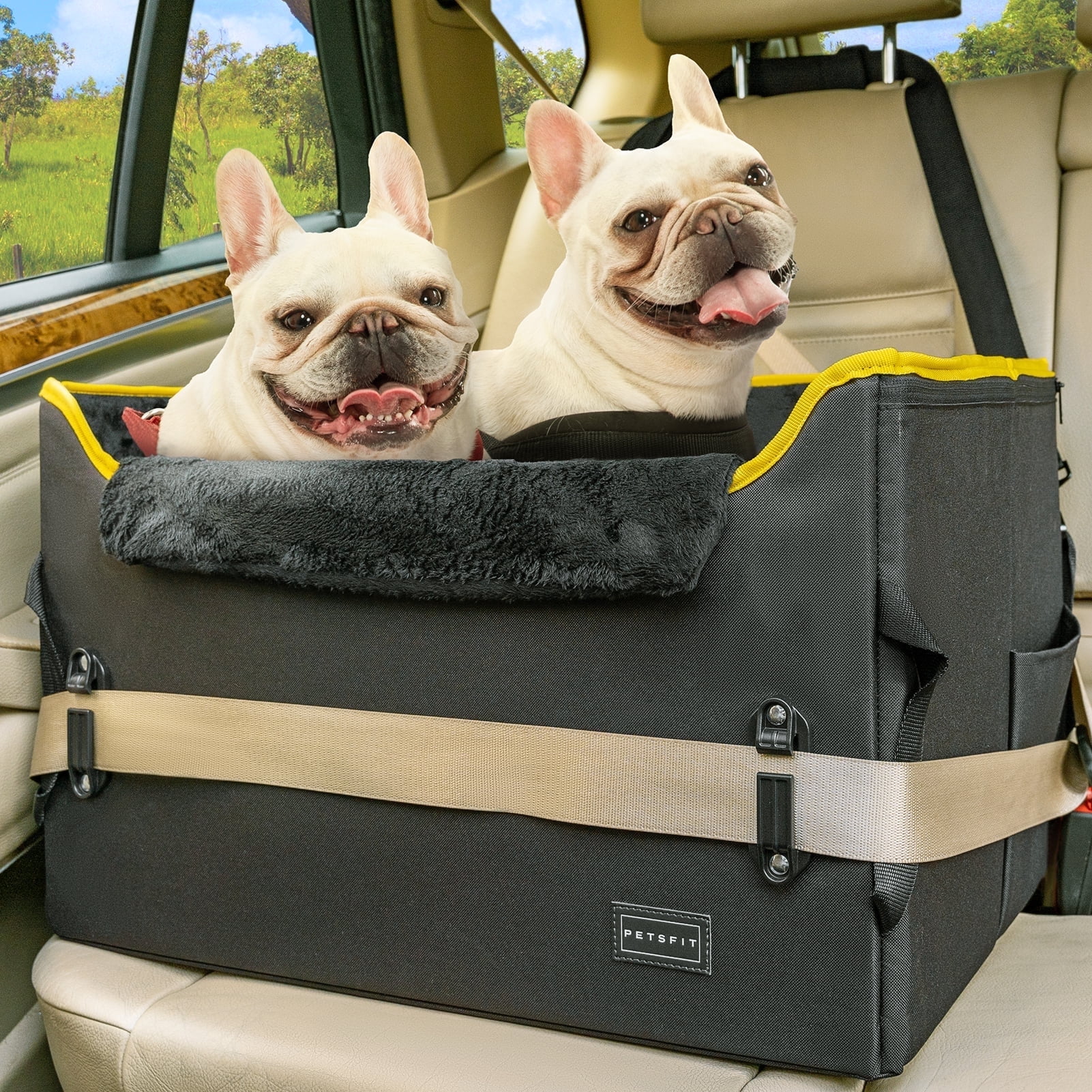 PETSFIT Dog Car Seat , Dog Car Seat for Medium Dog with 2 Clip-On Safety Leashes and Patented Buckles, Under 45Lbs (Black)