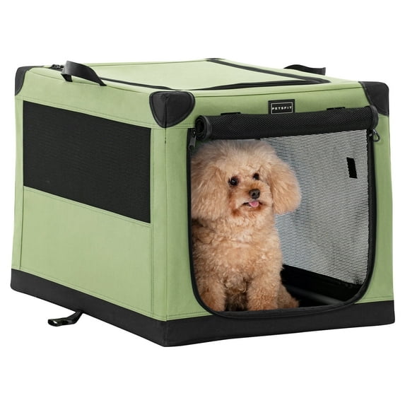 PETSFIT Collapsible Dog Crate, Dog Travel Crate - 26 Inch Lightweight, Easy Setup, Sturdy Portable Dog Crate, Adjustable Framework with 3 Mesh Door, Soft Dog Crate, Green