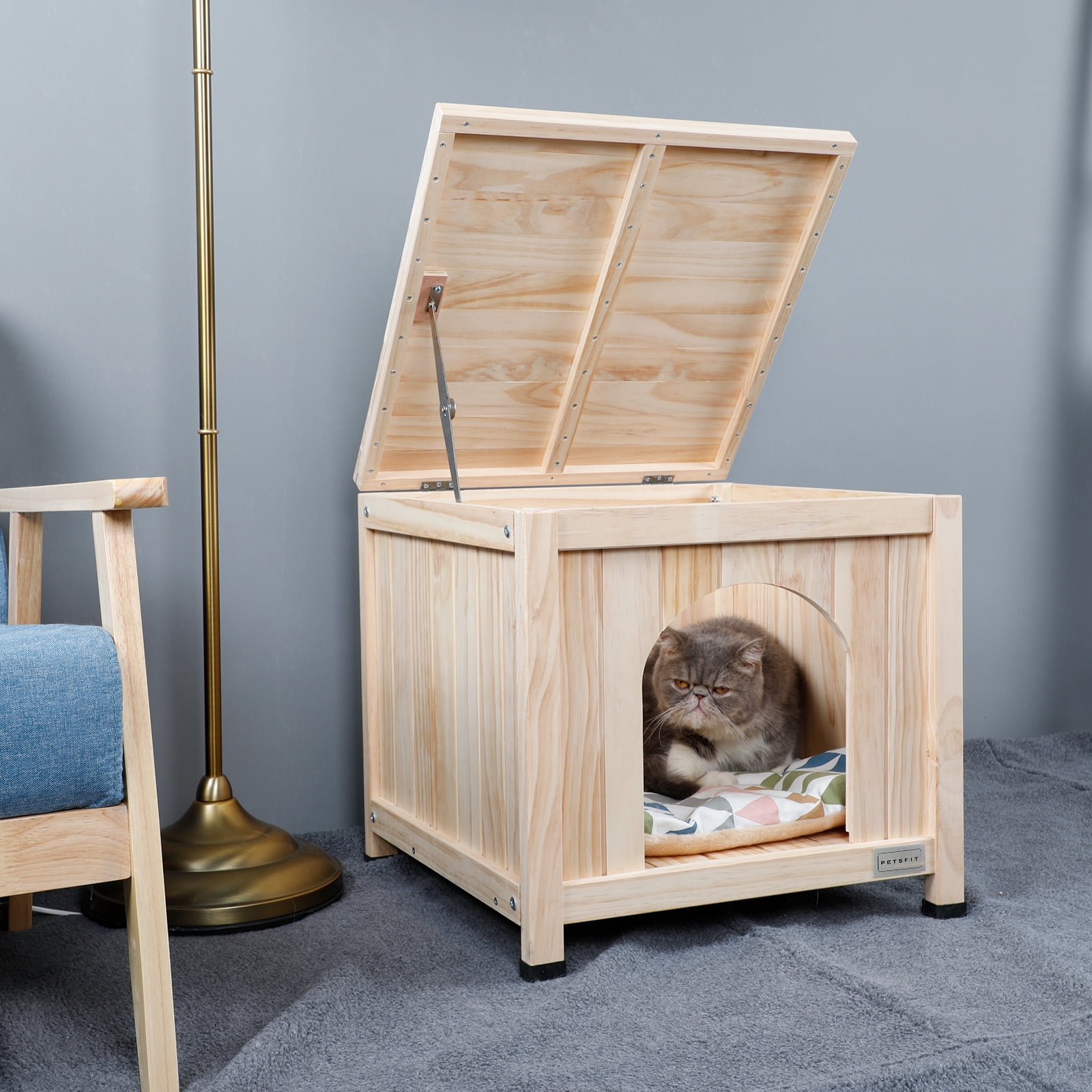 Small Natural Wood Indoor Dog House with Raised Floor