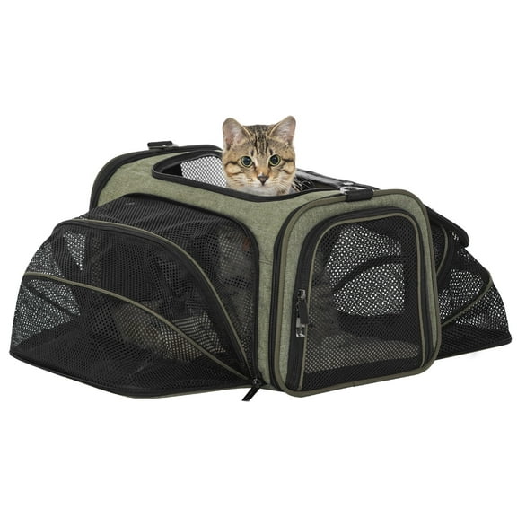 Petsfit Expandable Cat Carriers, 16 Inch Airline Approved Pet Carrier with 2 Extensions, Soft Washable Cushion, Self-Locking Zipper Head, Built-in Safety Rope, Fit for Travel