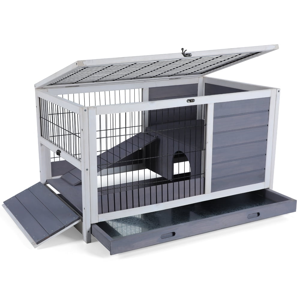 Gray Wooden Indoor Rabbit Hutch with Hideout and Ramp