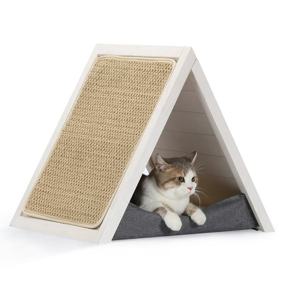 Petsfit Indoor Cats House, 21in Cat House with Cat Scratcher and Lounge Thicken Solid Wood,Natural Wood Color