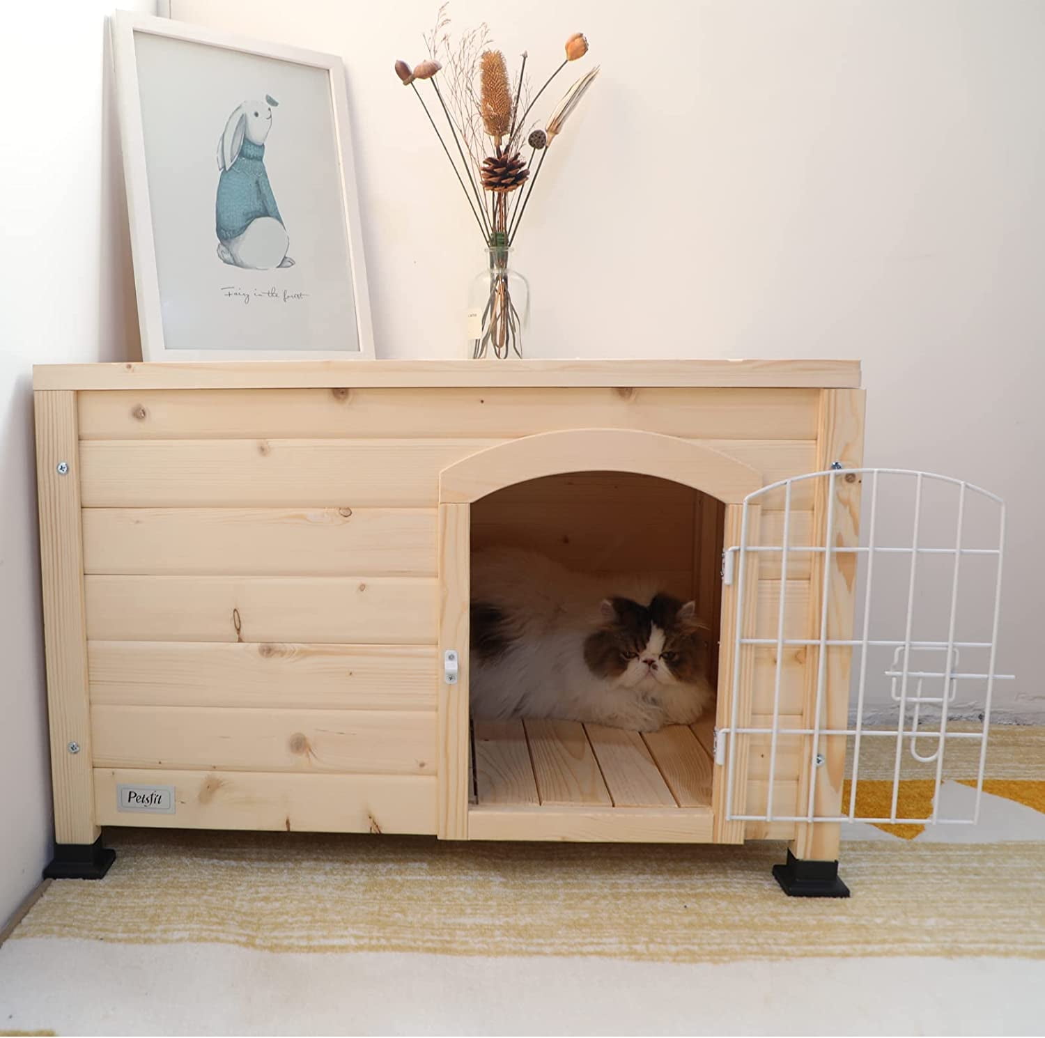 Petsfit Indoor Dog House Ventilate Wood Cat Houses with Elevated Floor&Anti-Slip Bottom Natural Wood Small