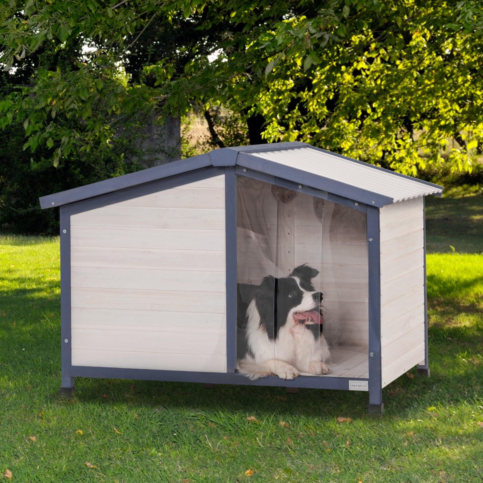 Large White and Blue Wooden Outdoor Dog House with PVC Roof