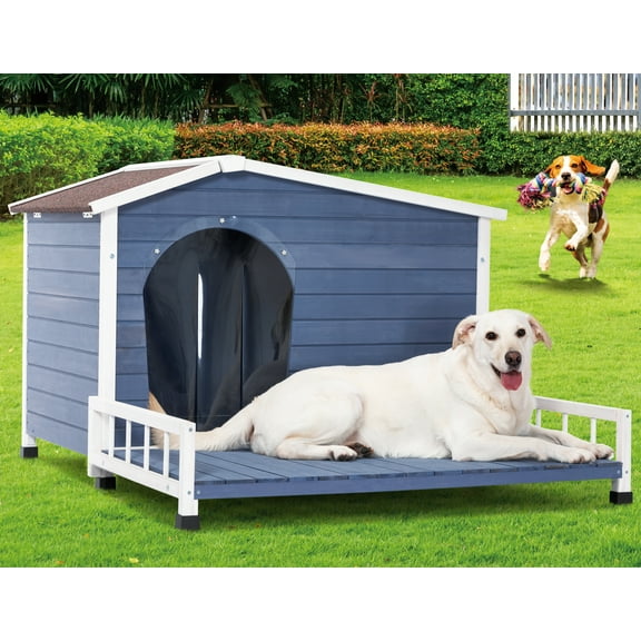Petsfit Large Wooden Outdoor Dog House with Terrace, Elevated Floor and Openable Roof