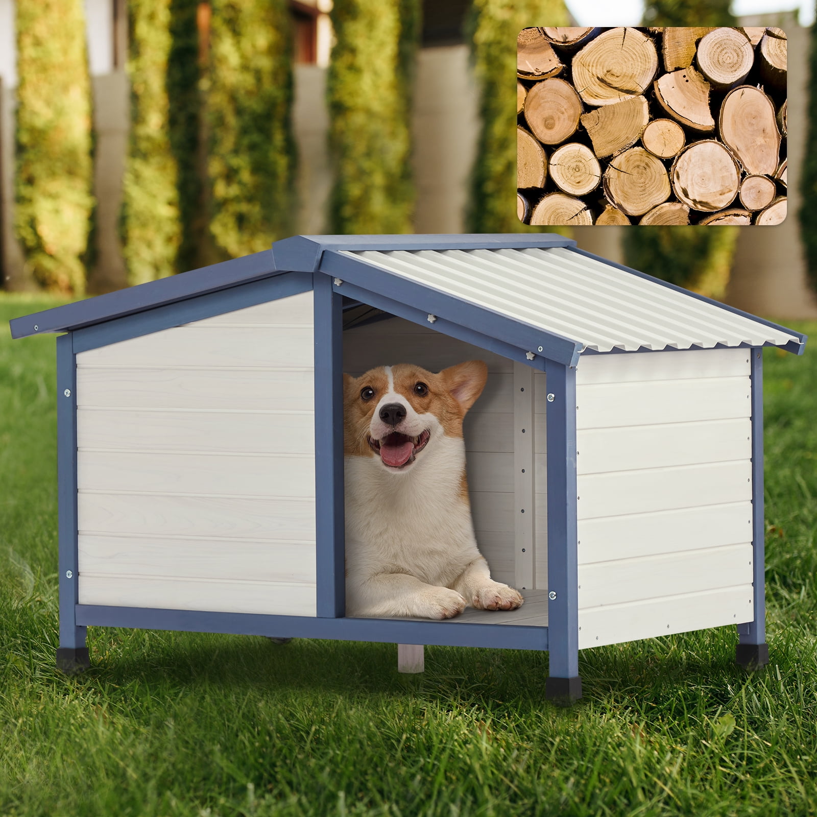White and Blue Fir Wood Medium Dog House with PVC Roof