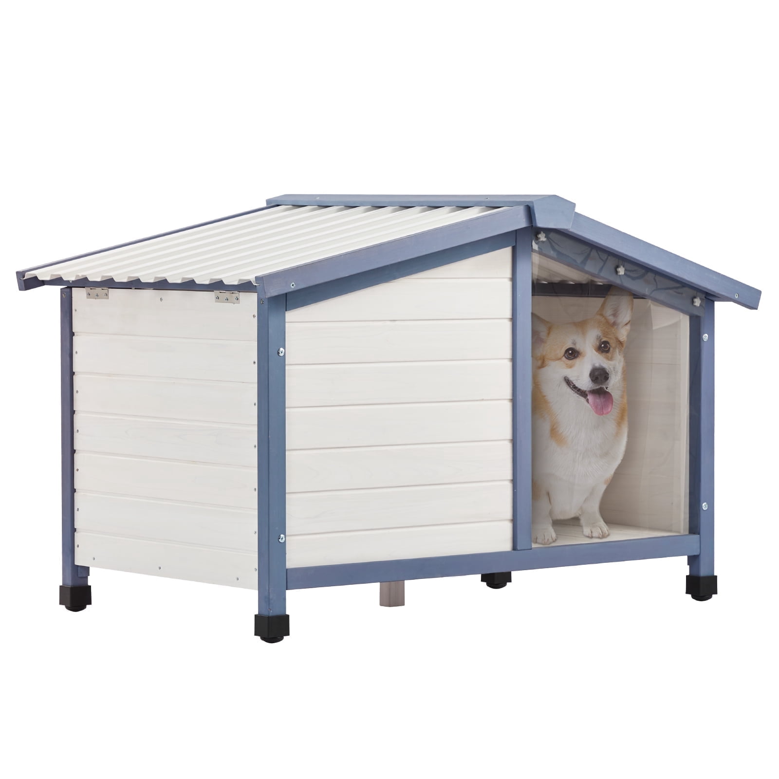 Petsfit Outdoor Dog House, Openable Asphalt Roof Dog House for Medium Dogs, Waterproof PVC Roof, White