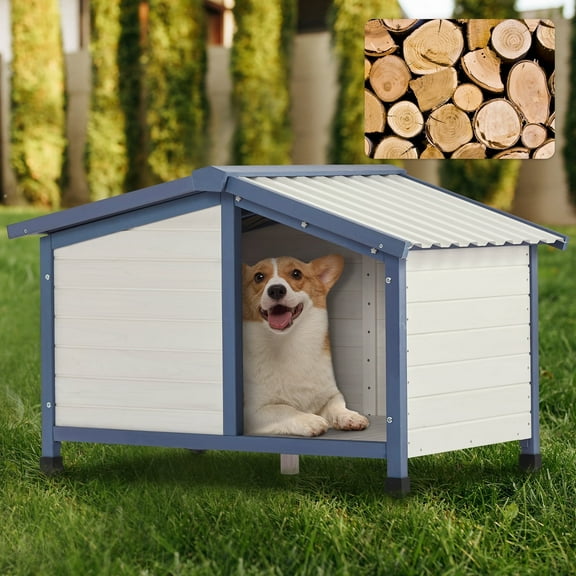 Petsfit Medium Dog House, 42" L x 28.9" W x 27.5" H Openable Asphalt Roof Dog House Outdoor for Small Medium Dogs, Dog House with Waterproof PVC Roof, White