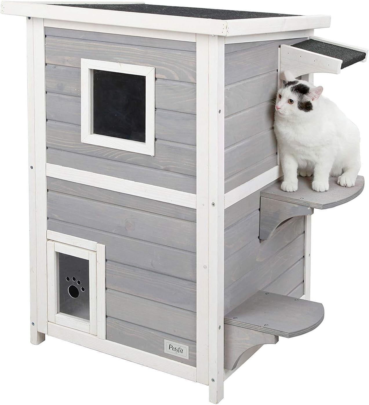 Petsfit Outdoor Cat House, 2 Story Outside Cat Shelter Condo Enclosure