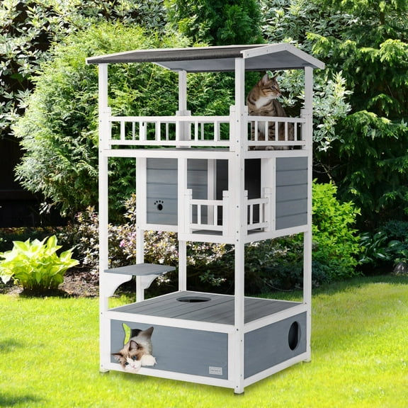 Petsfit Durable Spacious Weatherproof Outdoor Cat House, 2-Story Design for Multi Cats, Blue