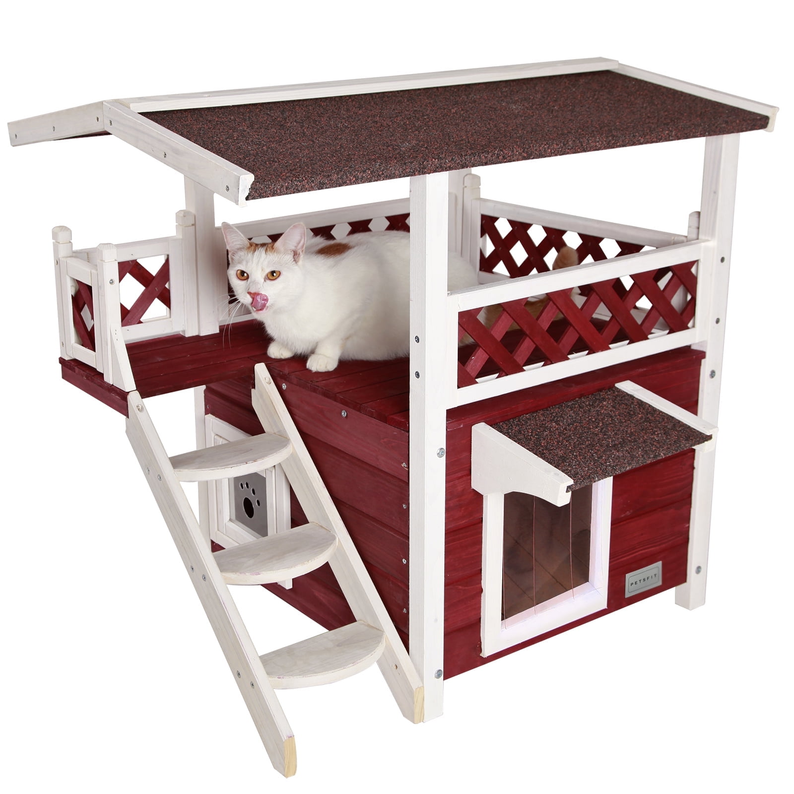 Red and White Wooden Outdoor Cat House with Ladder
