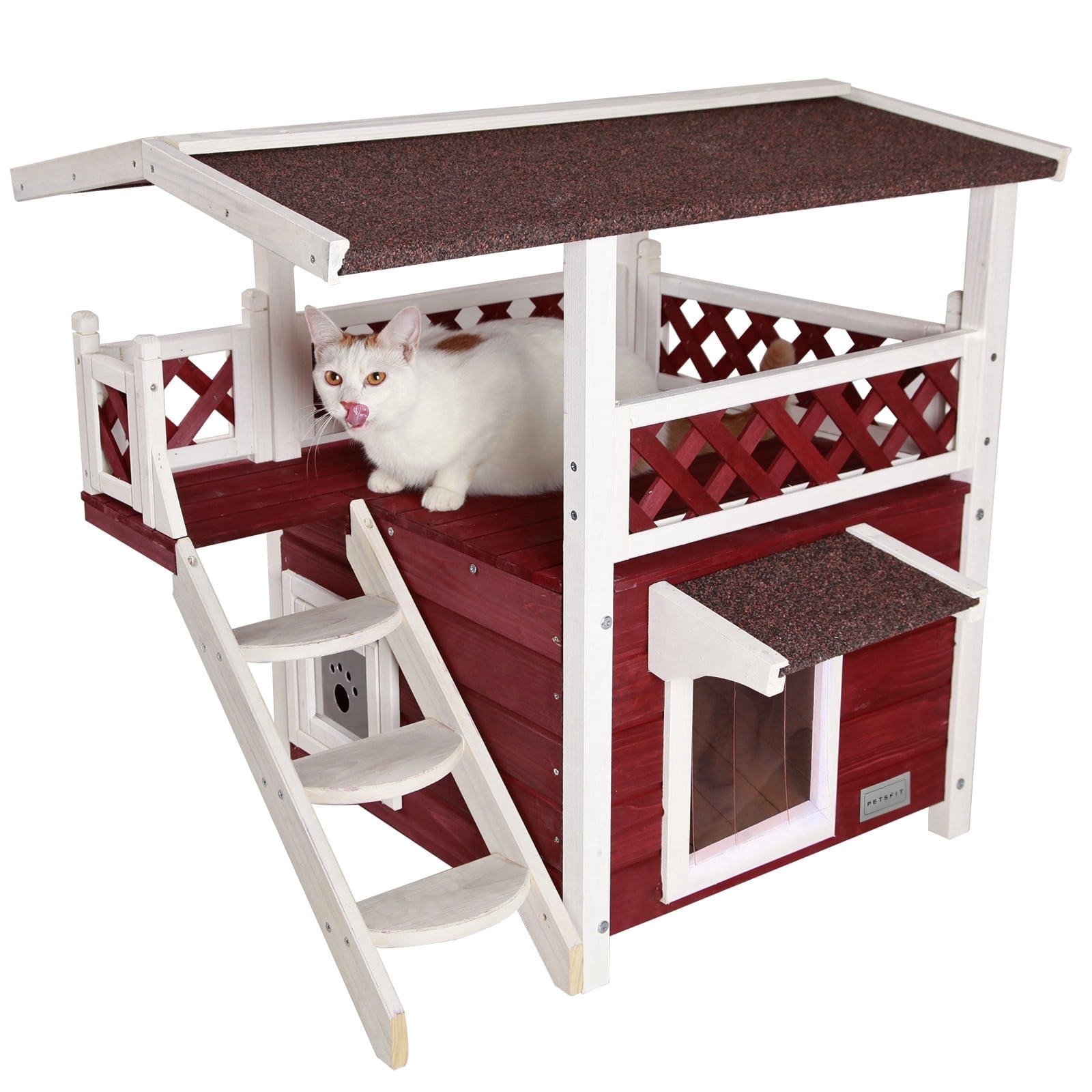 Petsfit Outdoor Cat House for Feral Cats Weatherproof, 2 Story Wooden Kitten Condo with Escape Door Red