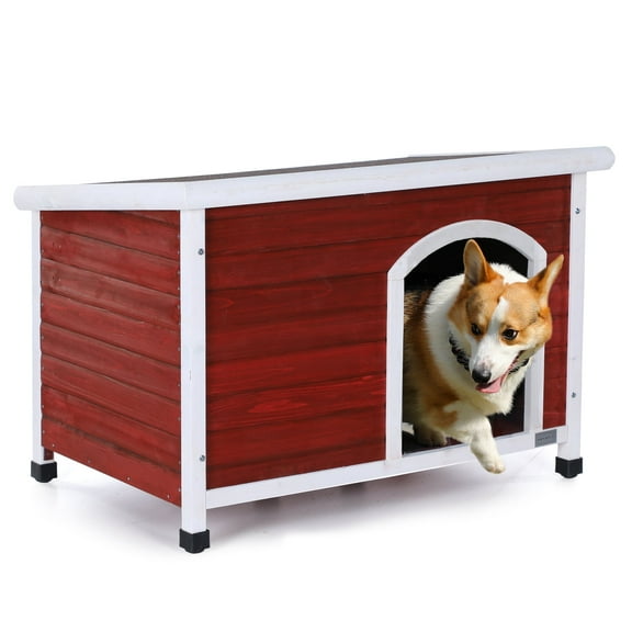 Petsfit Outdoor Dog House for  MediumDog,Adjustable Foot Mat ,Asphalt Shingles, Finnish Spruce Panels，Red