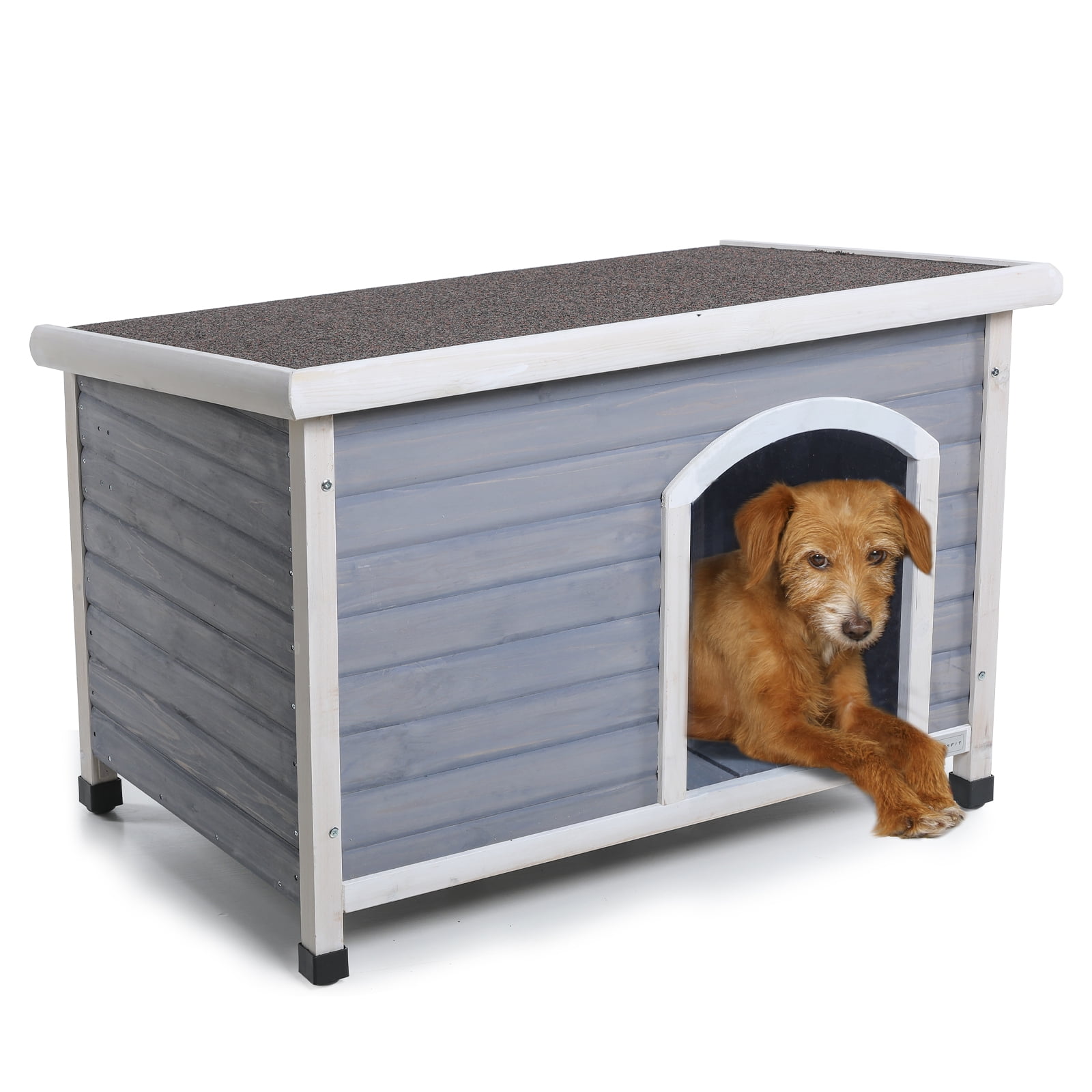Small Gray Wooden Raised Floor Dog House with Door Flap