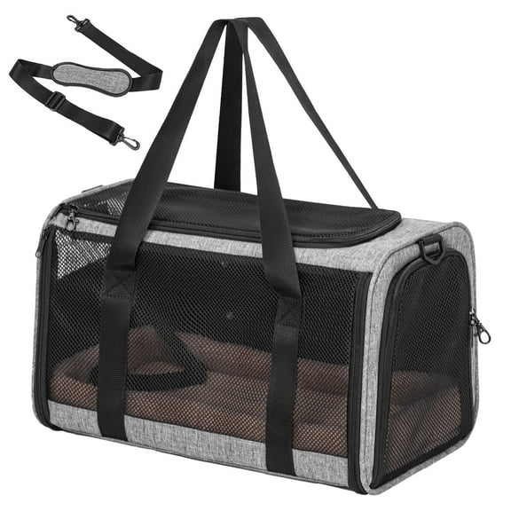 Petsfit Pet Carrier for Large Cats, Cat Carrier for Medium Cats and Puppy up to 20lbs, 4-Sided Breathable Mesh, Escape Proof and Locking Zipper, Sturdy Structure,Grey