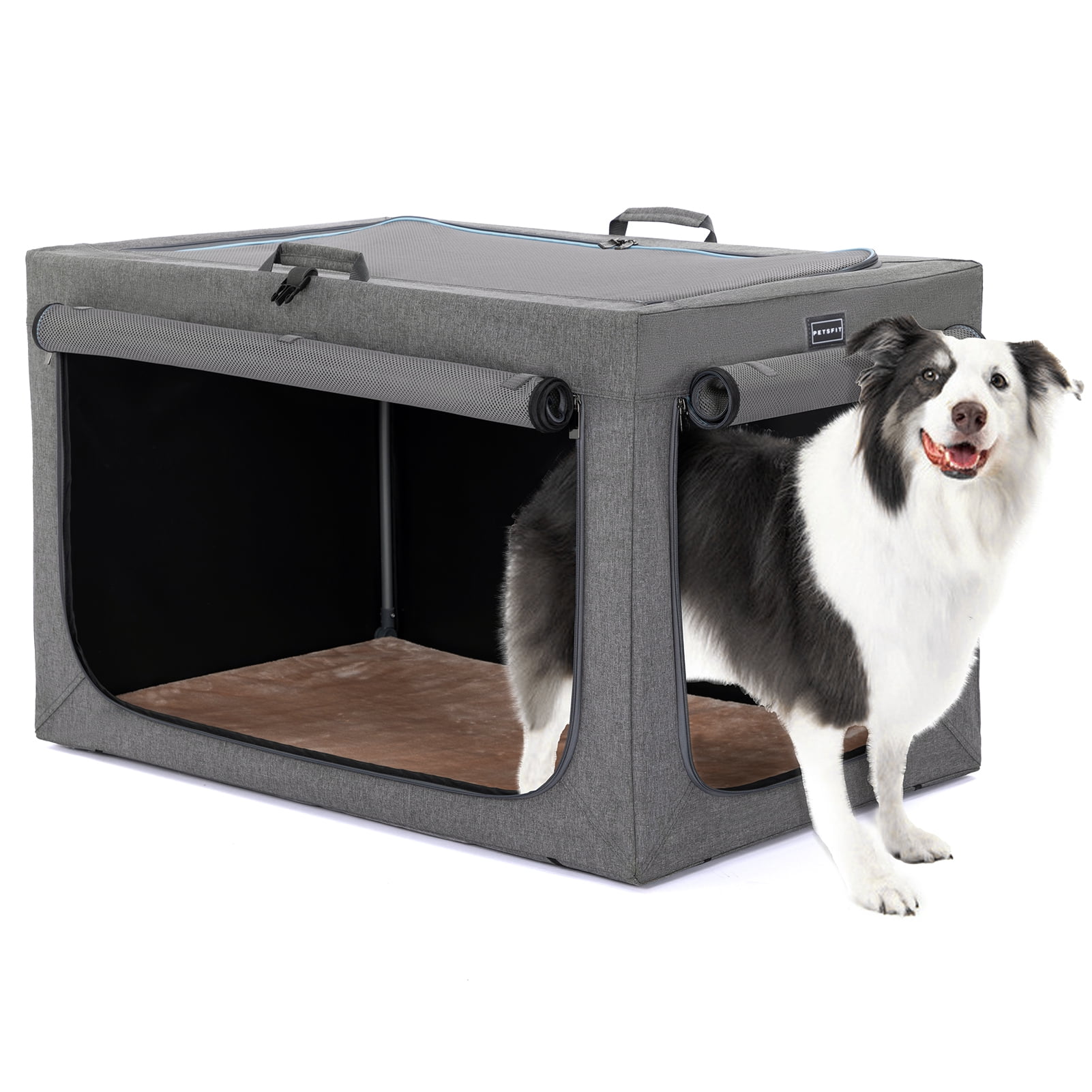 Gray Soft Sided Portable Dog Travel Crate with Plush Mat