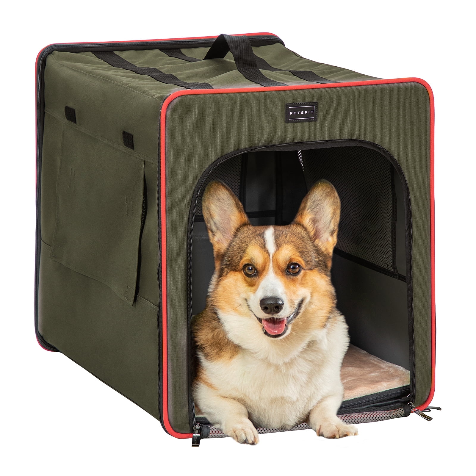 Petsfit Soft Collapsible Dog Crate, 31" Portable Travel Dog Crate with Mesh Windows for Large Dogs, Pet Kennel Suitable for Car Army Green