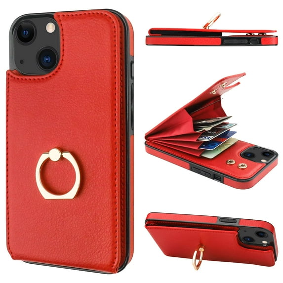 Petsta Compatible with iPhone 14 Plus Case Wallet with Card Holder, 360°Rotation Finger Ring Holder Kickstand, RFID Blocking Leather Protective Double Buttons Shockproof Cover 6.7 Inch Red