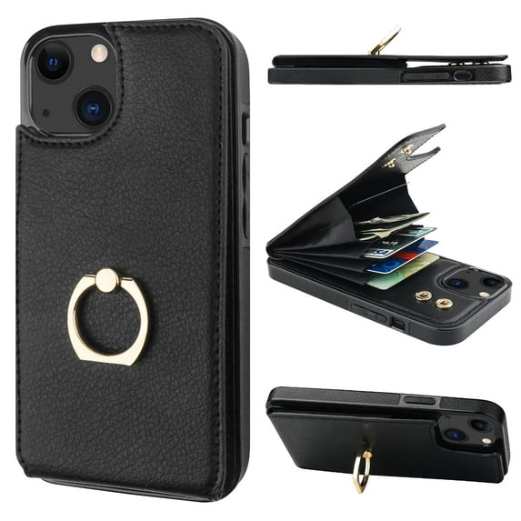 Petsta Compatible with iPhone 14 Pro Case Wallet with Card Holder, 360°Rotation Finger Ring Holder Kickstand, RFID Blocking Leather Protective Double Buttons Shockproof Cover 6.1 Inch Black