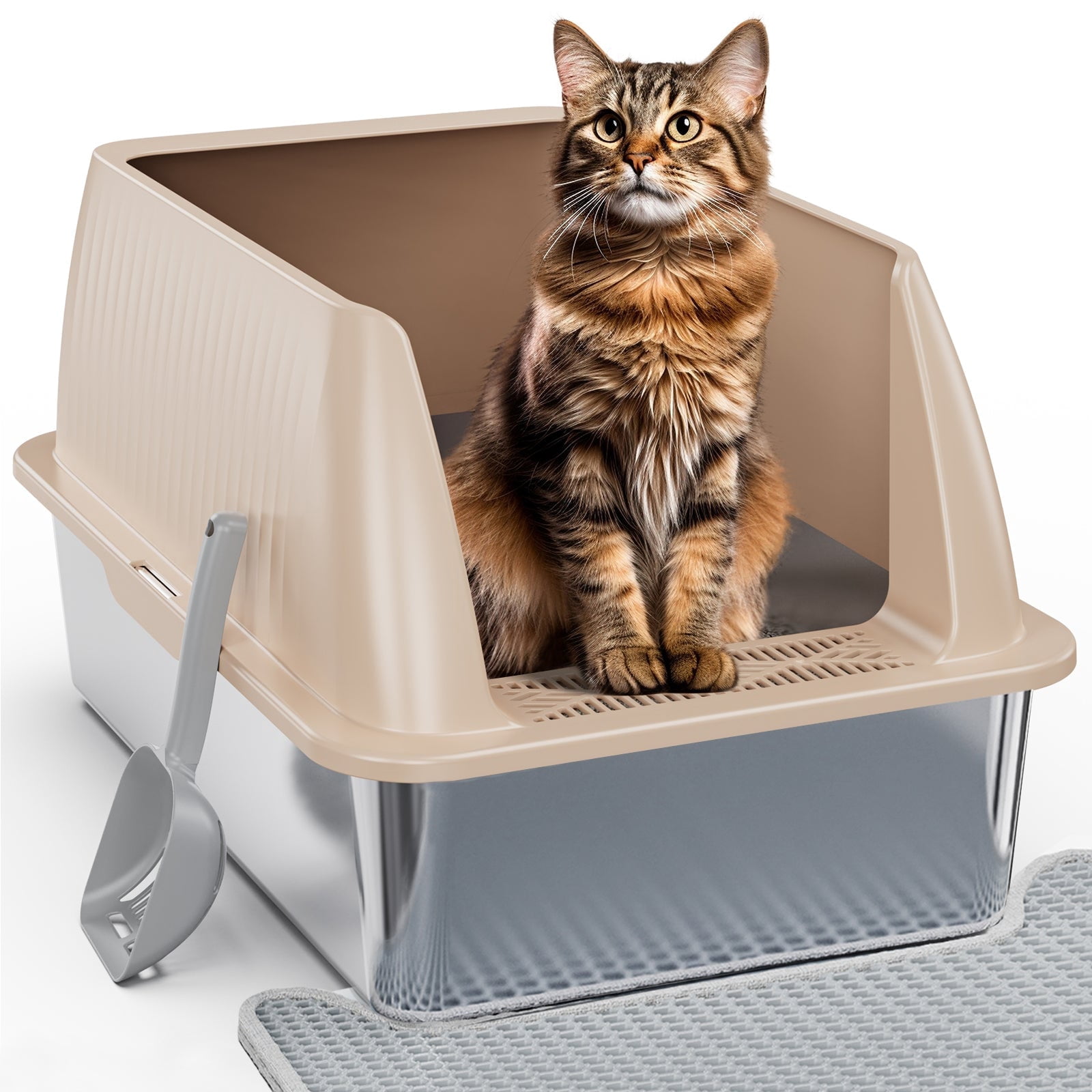 Pawward Stainless Steel Cat Litter Box with Scoop & Mat, Large Enclosed Litter Box with Lid, Non-Sticky, Anti-Leak, Easy to Clean, High-Walled Design