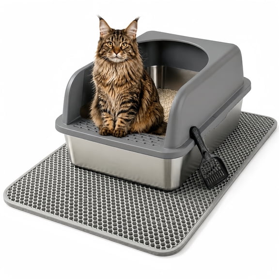 XL Stainless Steel Cat Litter Box with High Sides, 35 x 24 in Mat and Scoop, Dark Gray