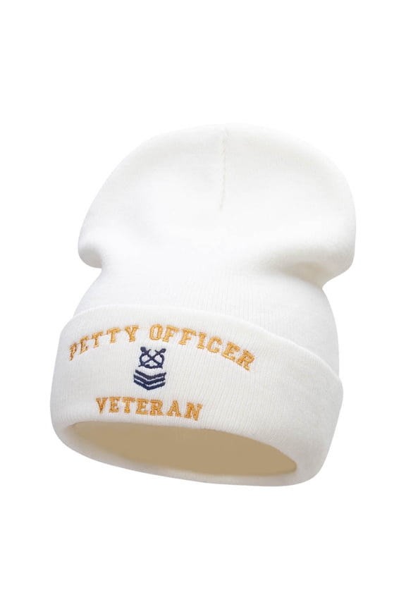 Petty Officer Veteran Embroidered Long Knitted Beanie - White OSFM