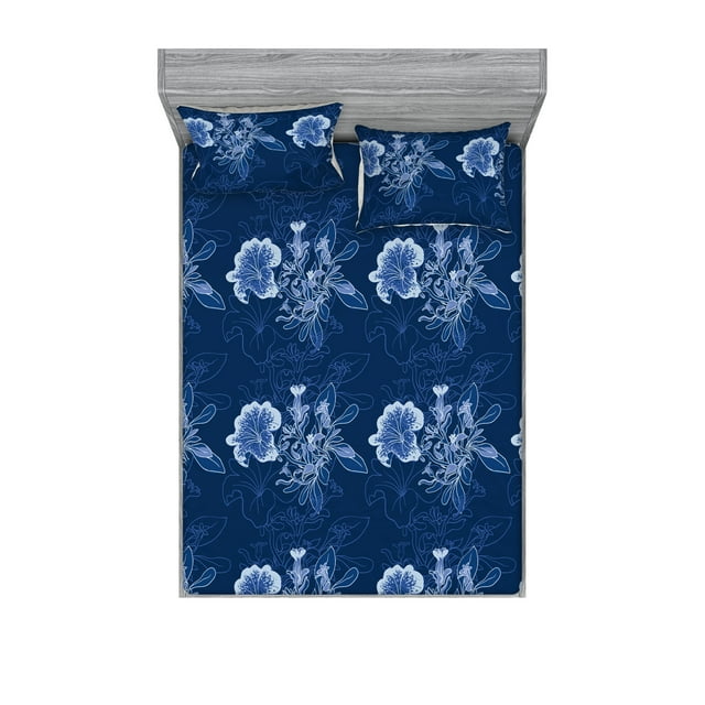 Petunia Artwork Fitted Sheet & Pillow Sham Set, Winter Colors Delicate Floral Design with Neutral Colors Boho, Decorative Printed 3 Piece Bedding Decor, King, Dark Lavender Pale Blue, by Ambesonne