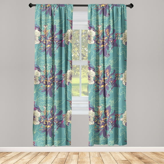 Petunia Pattern Window Curtains, Birds and Nature Theme Jungle Flowers with Colorful Wings, Lightweight Decor 2-Panel Set with Rod Pocket, Pair of - 28"x95", Sea Green Quartz and Mustard, by Ambesonne