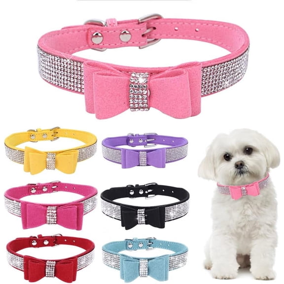 Petwishup Crystal Dog Collar with Bow Tie Rhinestone Puppy Collars Bling for Cat Dogs,38Size Available