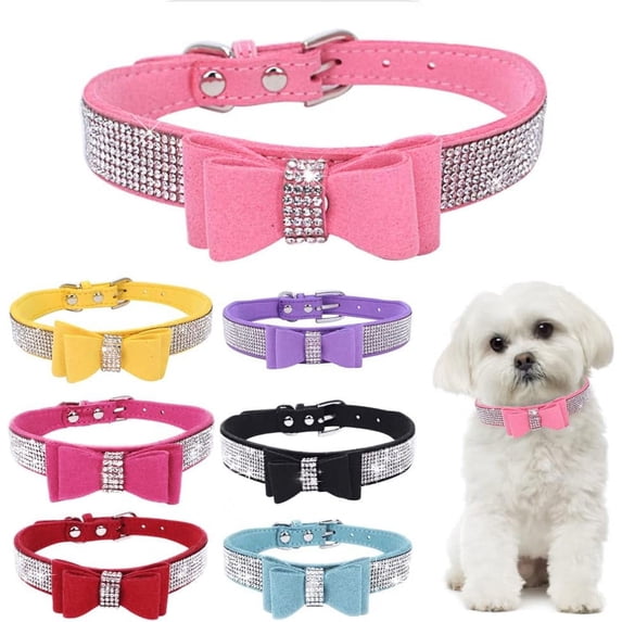 Petwishup Crystal Dog Collar with Bow Tie Rhinestone Puppy Collars Bling for Cat Dogs,7Size Available