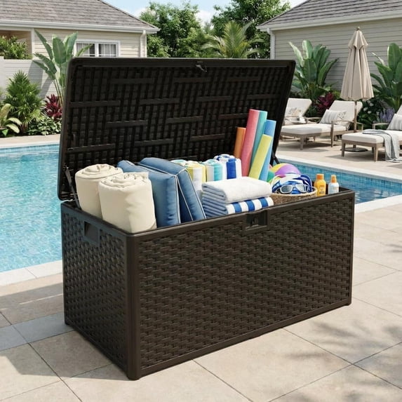Petyee 100 Gallon Large Resin Deck Box, Outdoor Storage Container Box with side handles,Waterproof,Lockable,Black